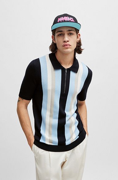 Zip-neck polo sweater with vertical stripes, Blue