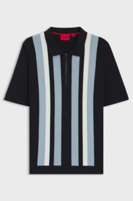 Polo &agrave; encolure zipp&eacute;e et rayures verticales, Bleu