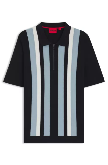 Zip-neck knit polo sweater with vertical stripes