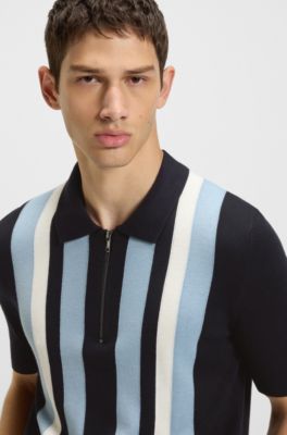 Polo &agrave; encolure zipp&eacute;e et rayures verticales, Bleu