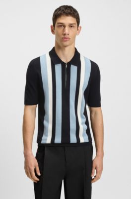 Zip-neck knit polo sweater with vertical stripes, Blue