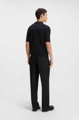 Zip-neck knit polo sweater with vertical stripes, Blue