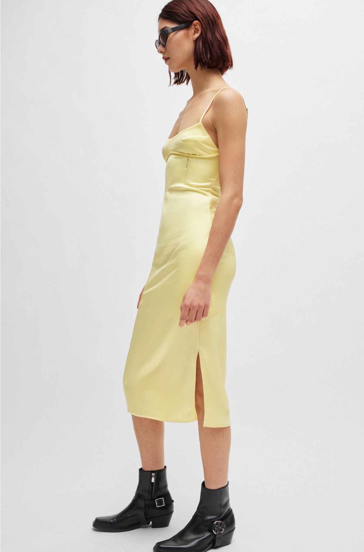 Slim-fit dress in satin with logo trim, Light Yellow