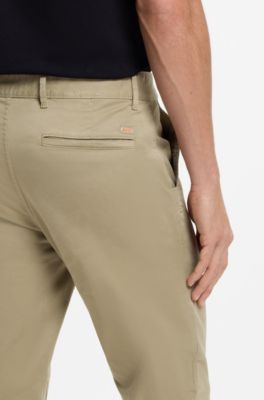 Slim fit-chinos i stretchig bomullssatin, Beige