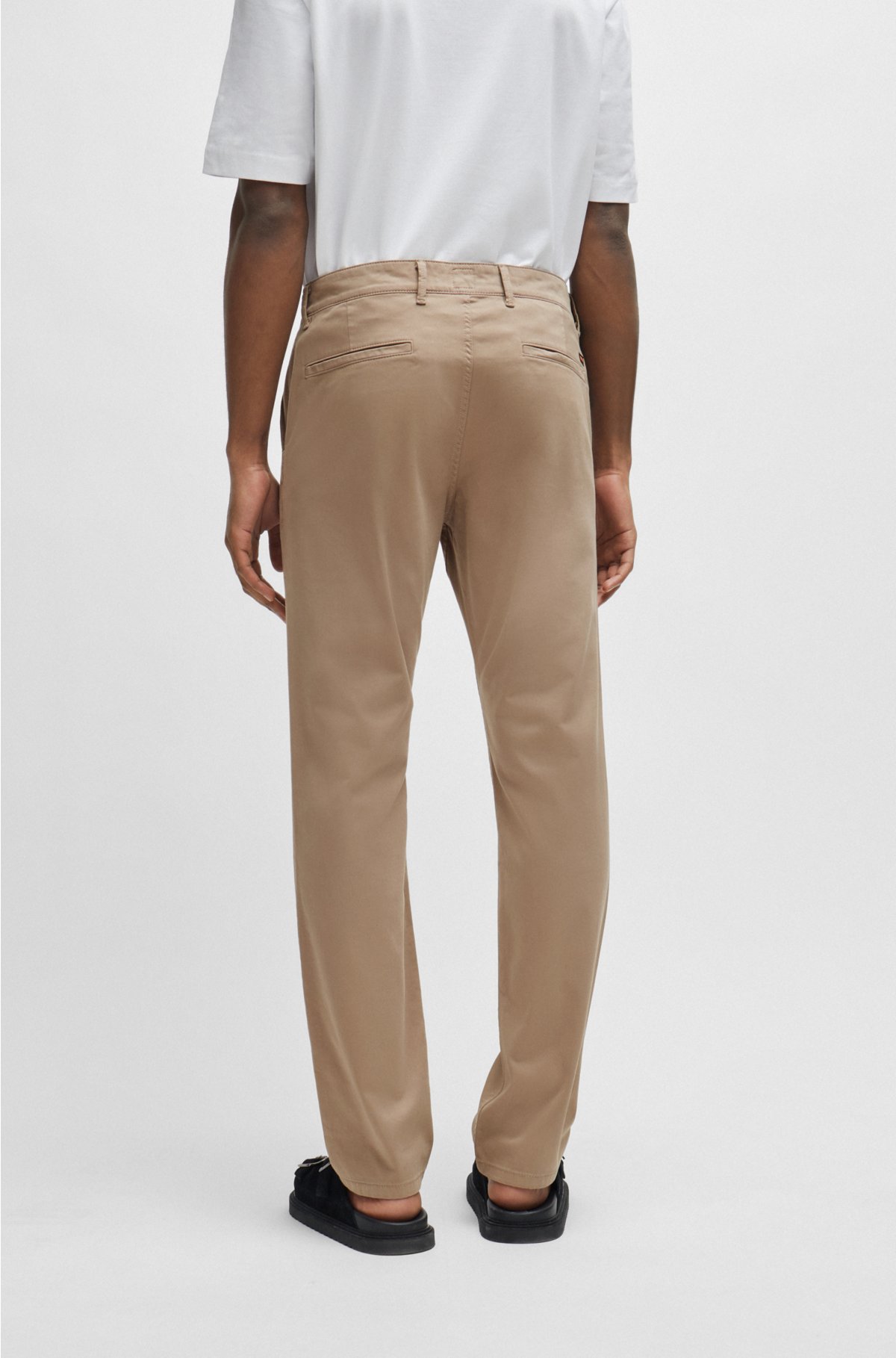 Slim-fit chinos in stretch-cotton satin, Light Brown