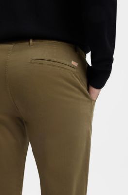 Slim-fit trousers in overdyed stretch satin, Khaki