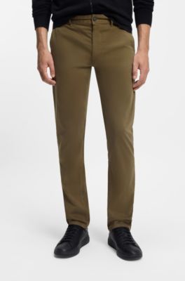 Slim-fit chinos in stretch-cotton satin, Khaki