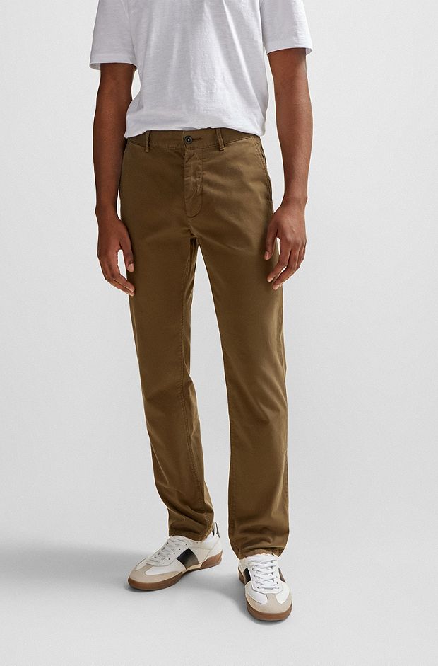 Slim-fit trousers in stretch-cotton satin, Dark Brown