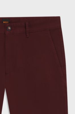 Slim-fit chinos in stretch-cotton satin, Dark Red
