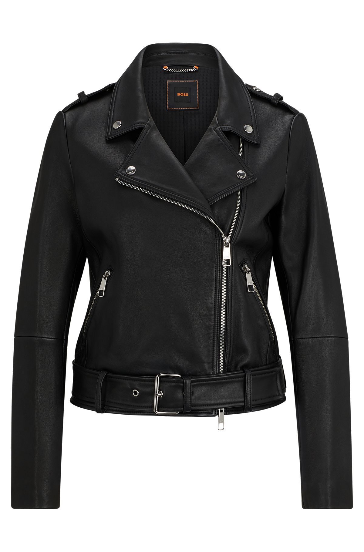 Regular-fit jacket in nappa leather with buckled belt, Black