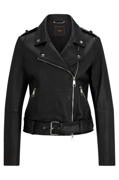 Regular-fit jacket in nappa leather with buckled belt, Black