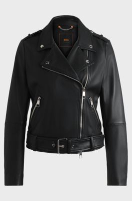 Regular-fit jacket in nappa leather with buckled belt, Black