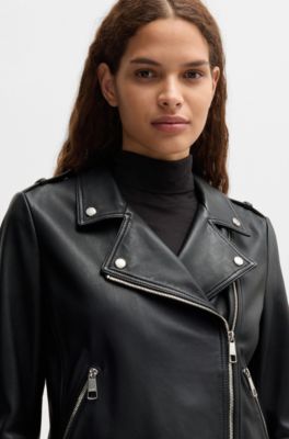 Regular-fit jacket in nappa leather with buckled belt, Black