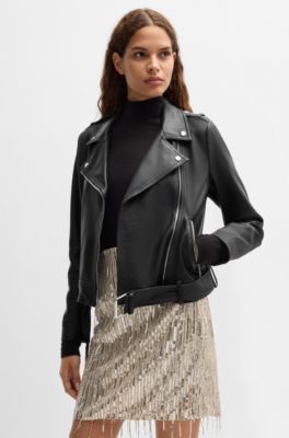 Veste Regular Fit en cuir nappa avec ceinture &agrave; boucle, Noir