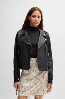 Veste Regular Fit en cuir nappa avec ceinture &agrave; boucle, Noir