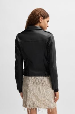 Regular-fit jacket in nappa leather with buckled belt, Black