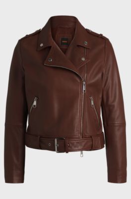 Veste Regular Fit en cuir nappa avec ceinture &agrave; boucle, Marron