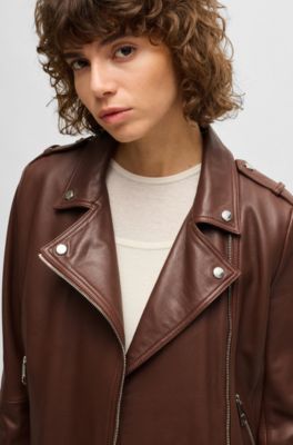 Regular-fit jacket in nappa leather with buckled belt, Brown