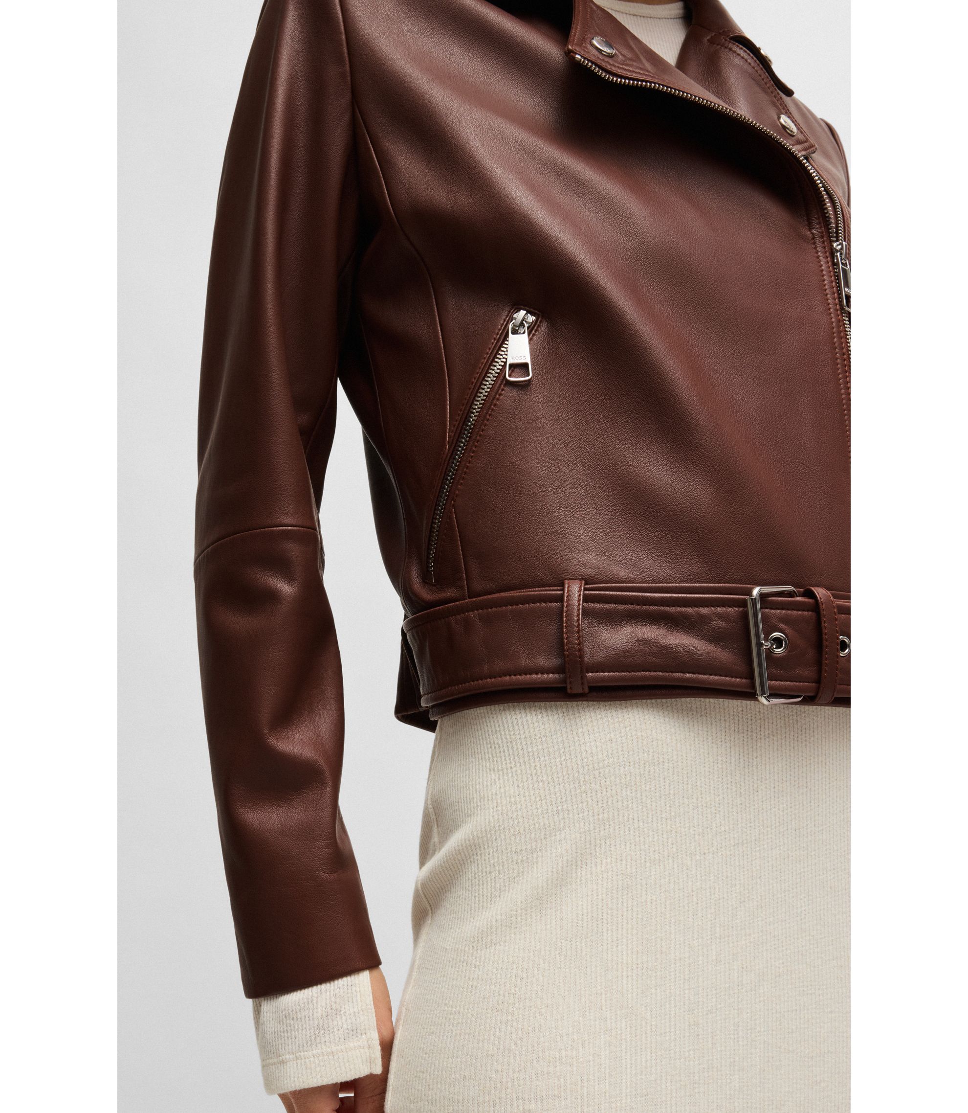 BOSS - Regular-fit jacket in nappa leather with buckled belt