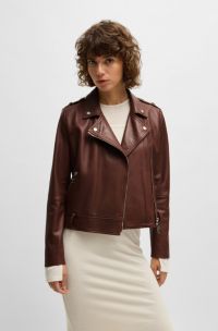 Cazadora de piel de napa regular fit con cinturón de hebilla, Marrón