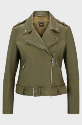 Regular-fit jacket in nappa leather with buckled belt, Dark Green