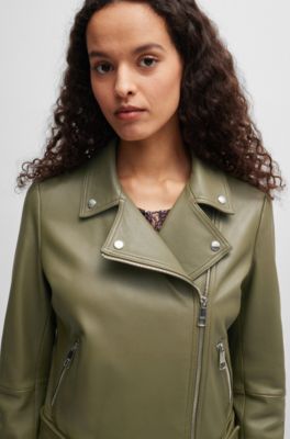 Regular-fit jacket in nappa leather with buckled belt, Dark Green