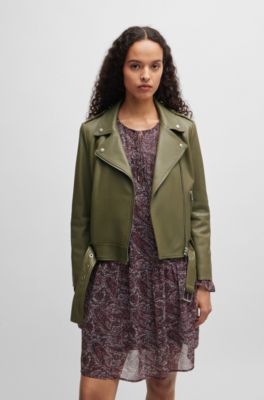 Regular-fit jacket in nappa leather with buckled belt, Dark Green