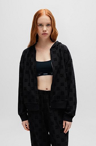Zip-up hoodie with flock-print stacked logos, Black