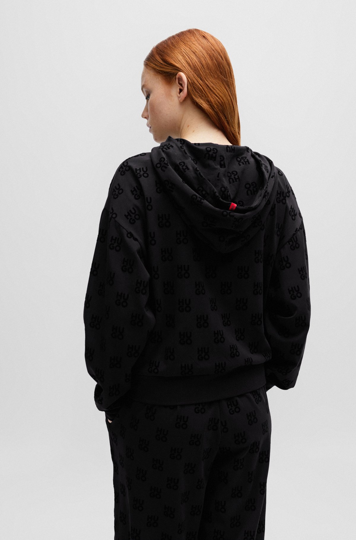 Zip-up hoodie with flock-print stacked logos, Black