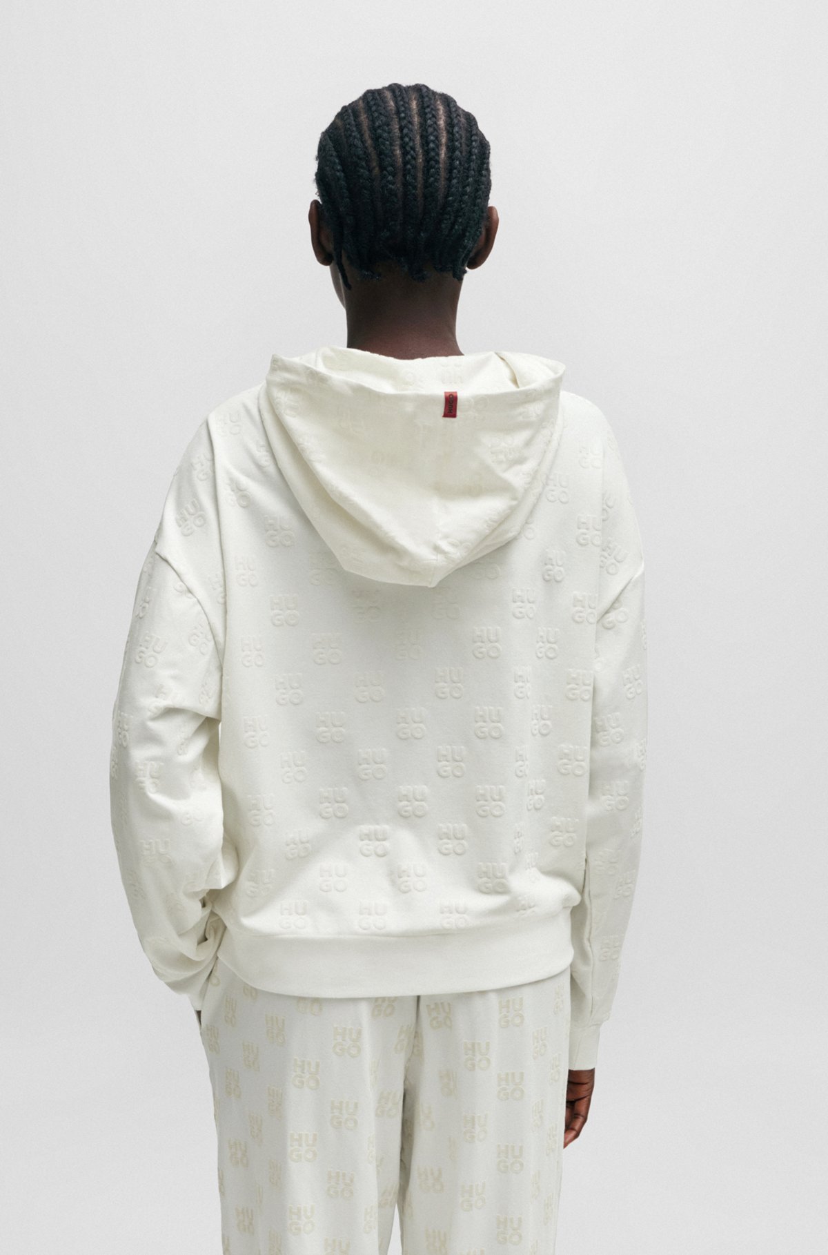 Zip-up hoodie with flock-print stacked logos, Natural