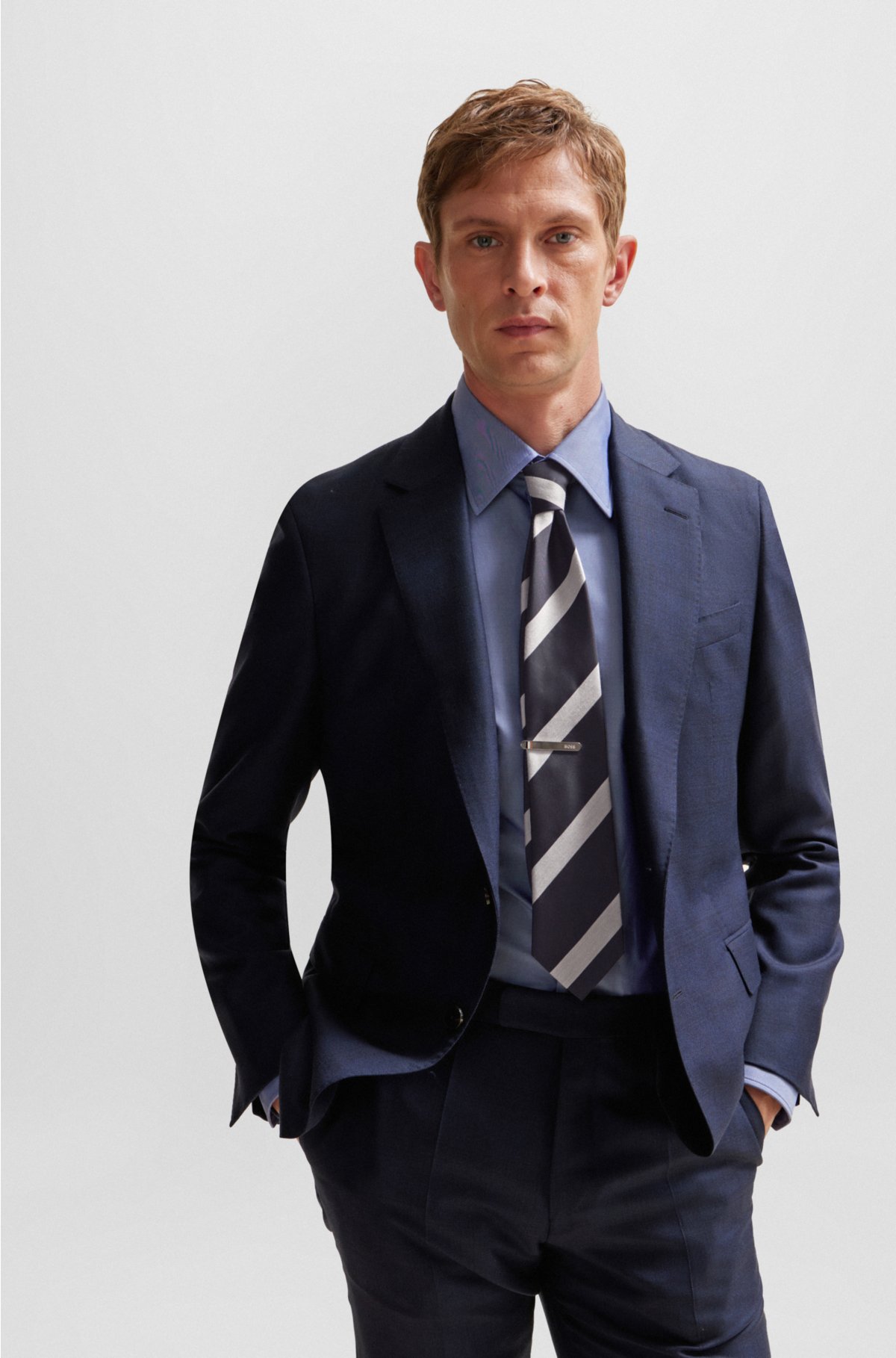 Diagonal-stripe tie in silk-cotton jacquard, Dark Blue