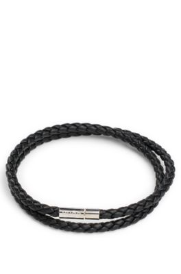 HUGO - Double braided-leather cuff with branded closure