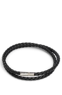 Double braided-leather cuff with branded closure, Black