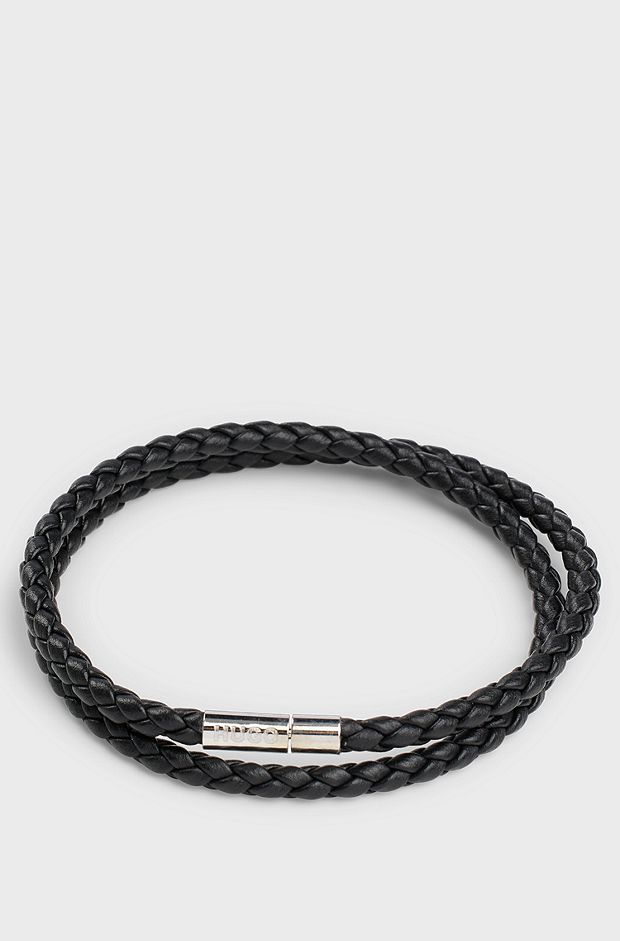 Double braided-leather cuff with branded closure, Black