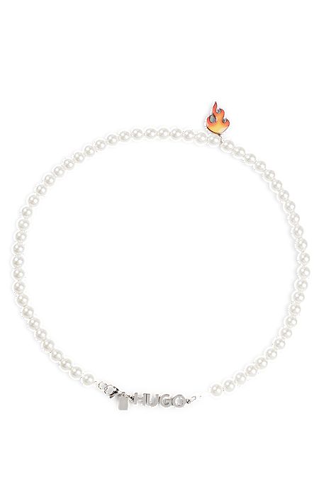 Glass-bead necklace with flame pendant, White