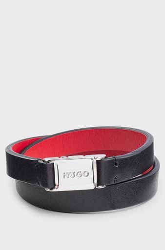 Double-wrap Italian-leather cuff with branded closure, Black