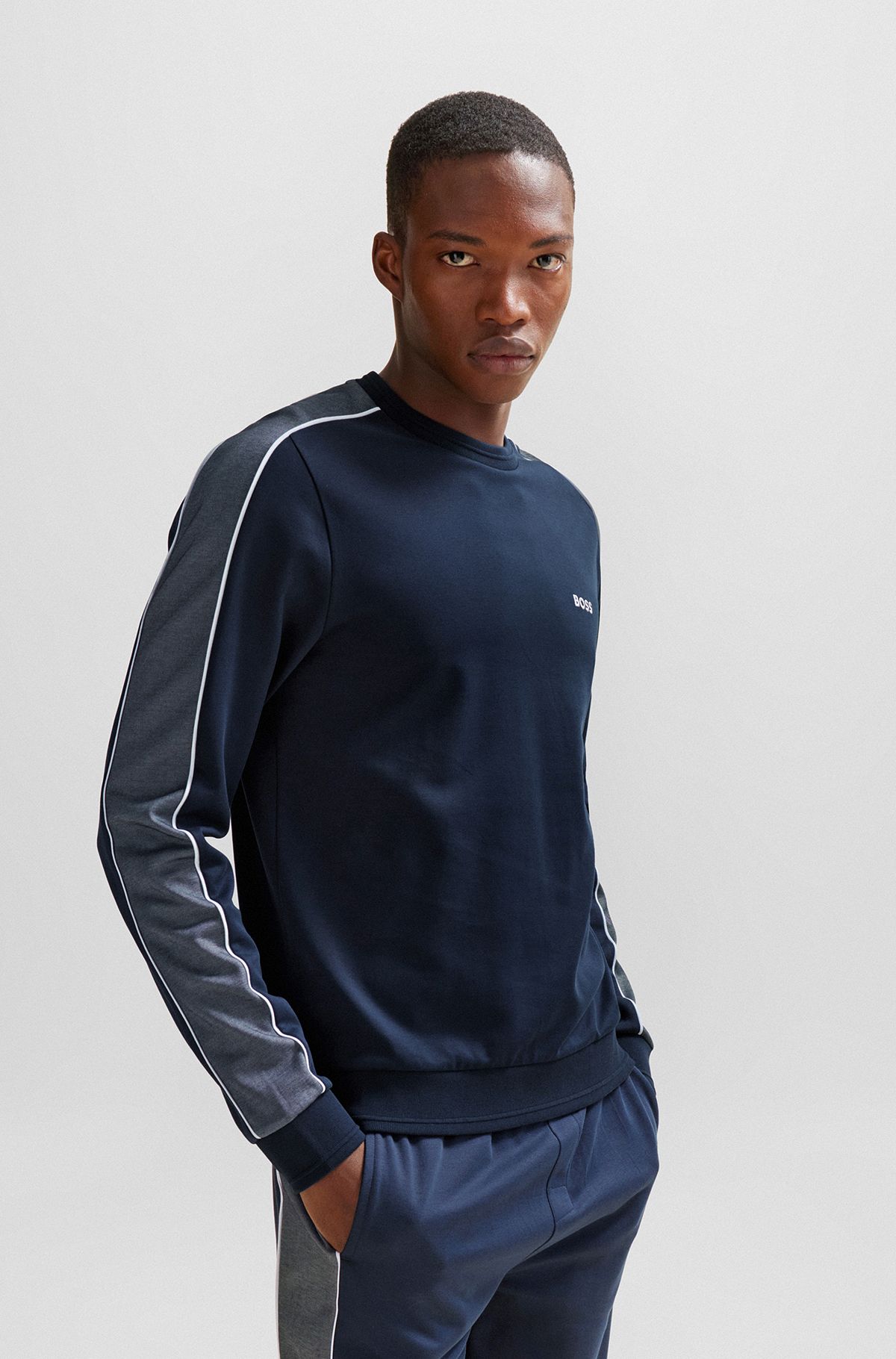 Regular-fit sweatshirt met logostiksel van een katoenmix, Donkerblauw