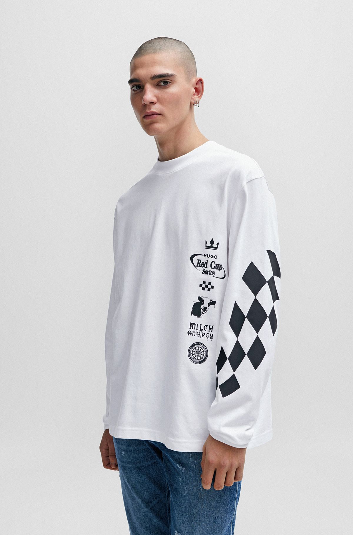 T-shirt en jersey de coton avec imprimés inspirés de l’univers de la course automobile, Blanc