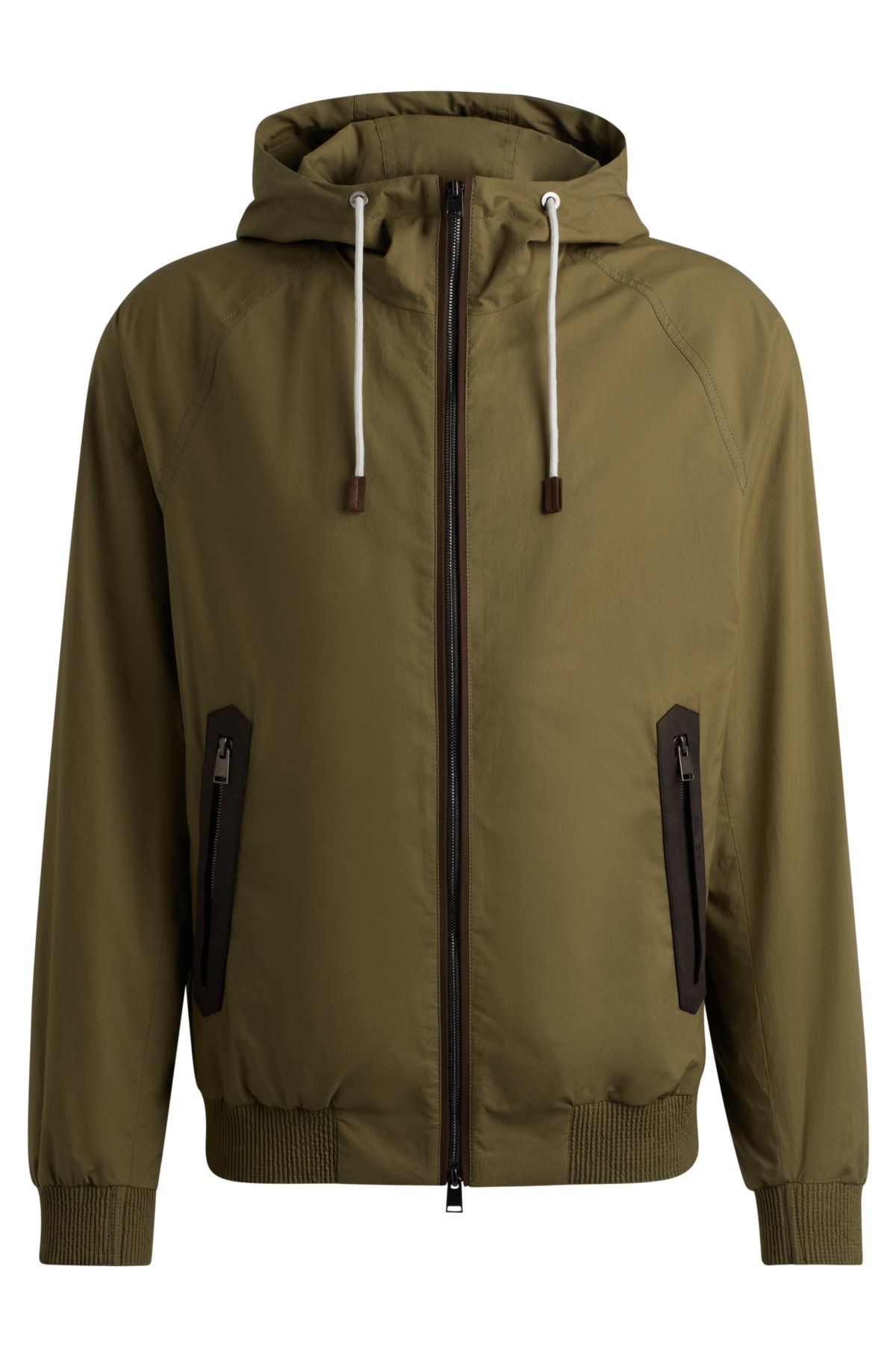 Cotton-poplin hooded jacket with faux-leather trims, Green