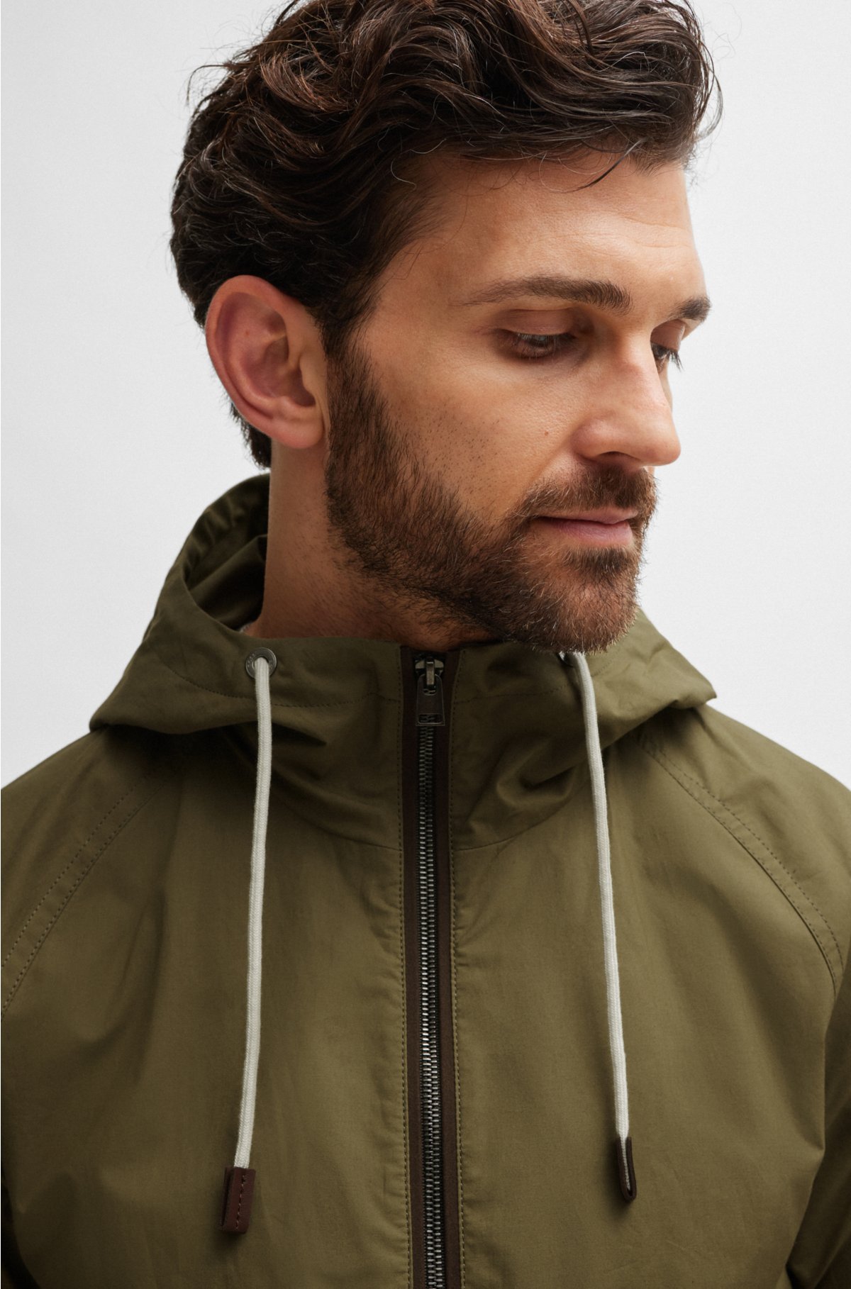 Cotton-poplin hooded jacket with faux-leather trims, Green