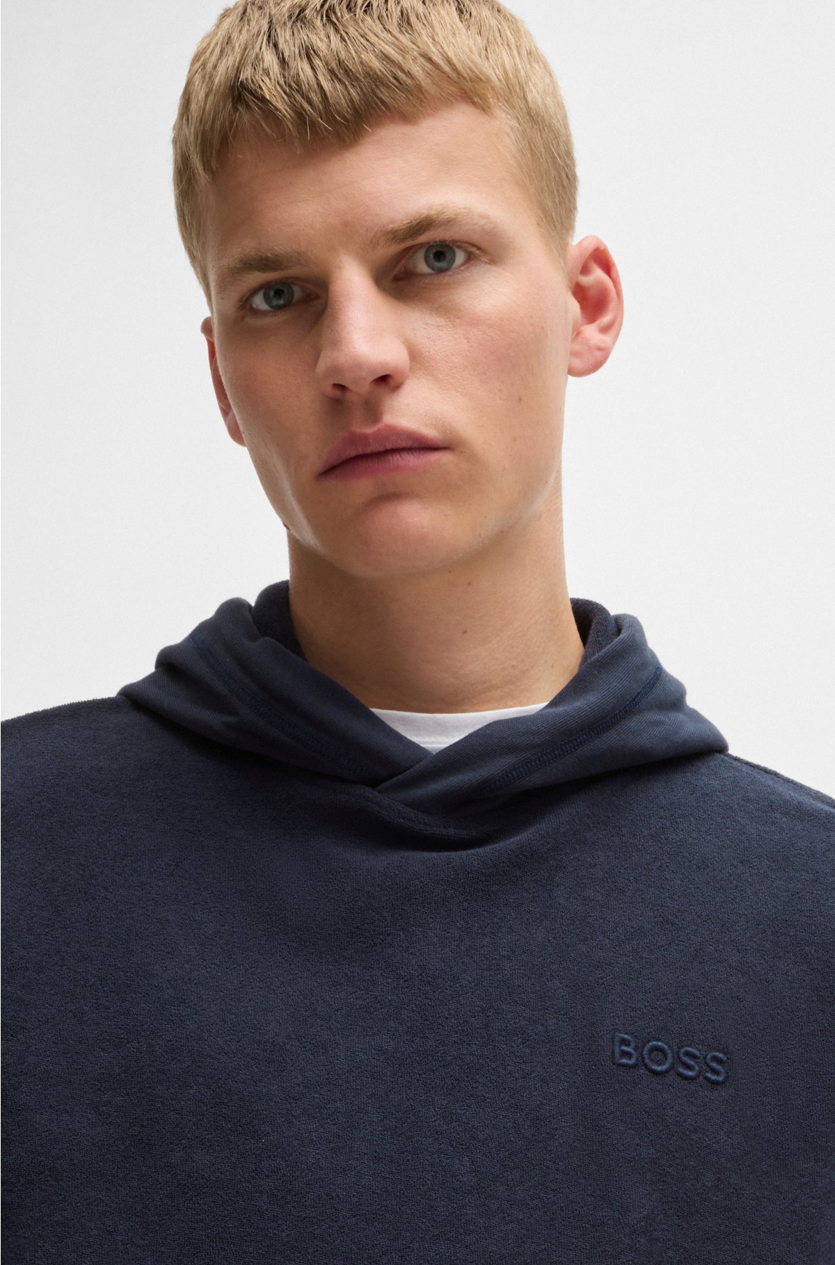 Cotton-towelling relaxed-fit hoodie with logo detail, Dark Blue