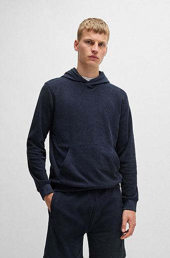 Cotton-towelling relaxed-fit hoodie with logo detail, Dark Blue