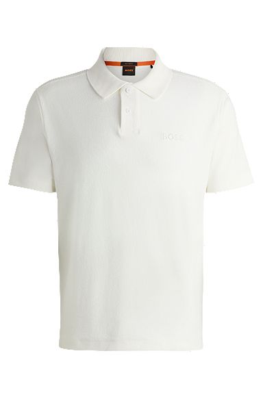 Cotton-towelling polo shirt with mixed-technique logo, White