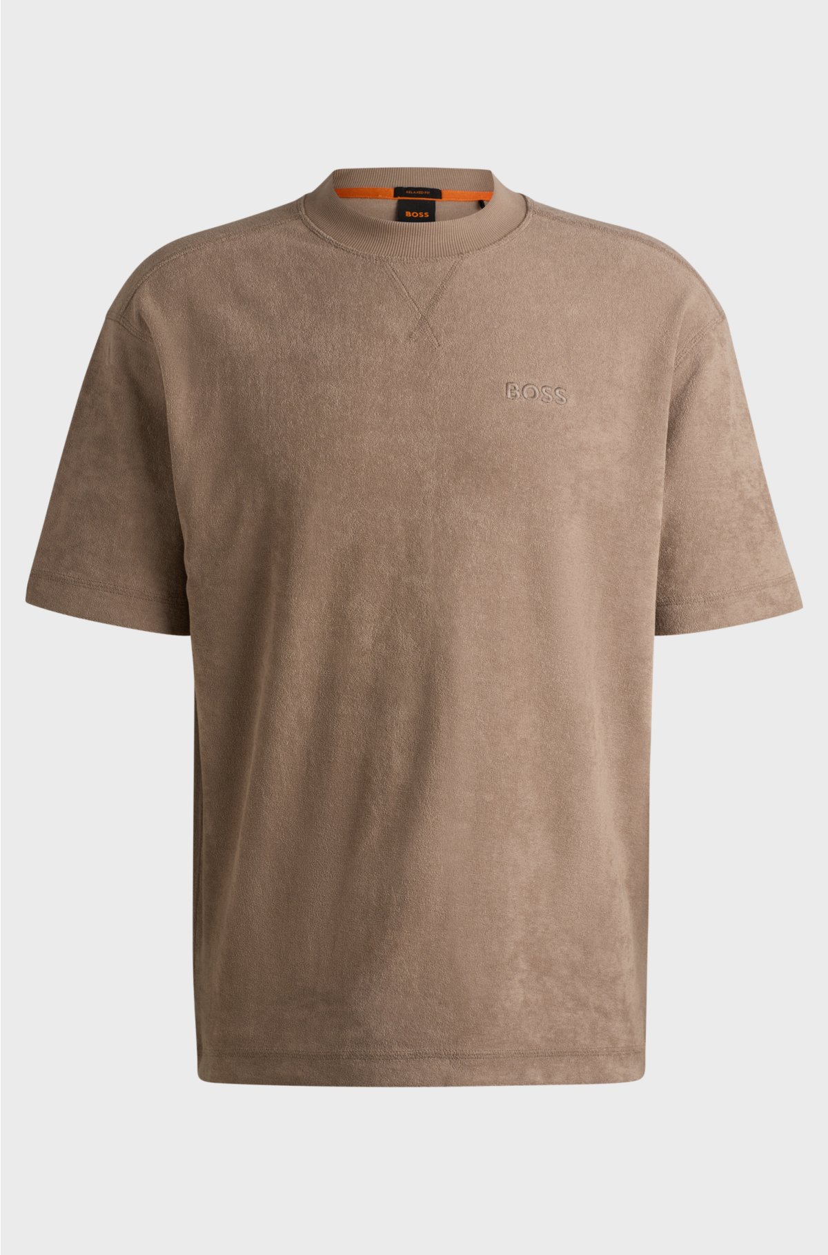 Cotton-towelling relaxed-fit T-shirt with logo detail, Light Brown