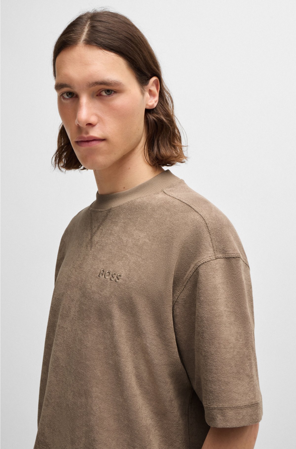 Cotton-towelling relaxed-fit T-shirt with logo detail, Light Brown