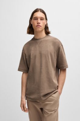 Cotton-towelling relaxed-fit T-shirt with logo detail, Light Brown