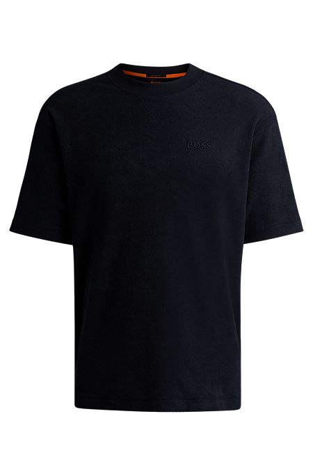 Camiseta relaxed fit en algodón de rizo con detalle de logo, Azul oscuro