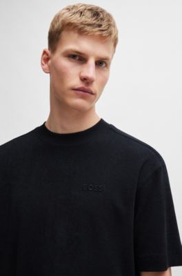 Cotton-towelling relaxed-fit T-shirt with logo detail, Dark Blue