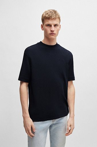 Cotton-towelling relaxed-fit T-shirt with logo detail, Dark Blue
