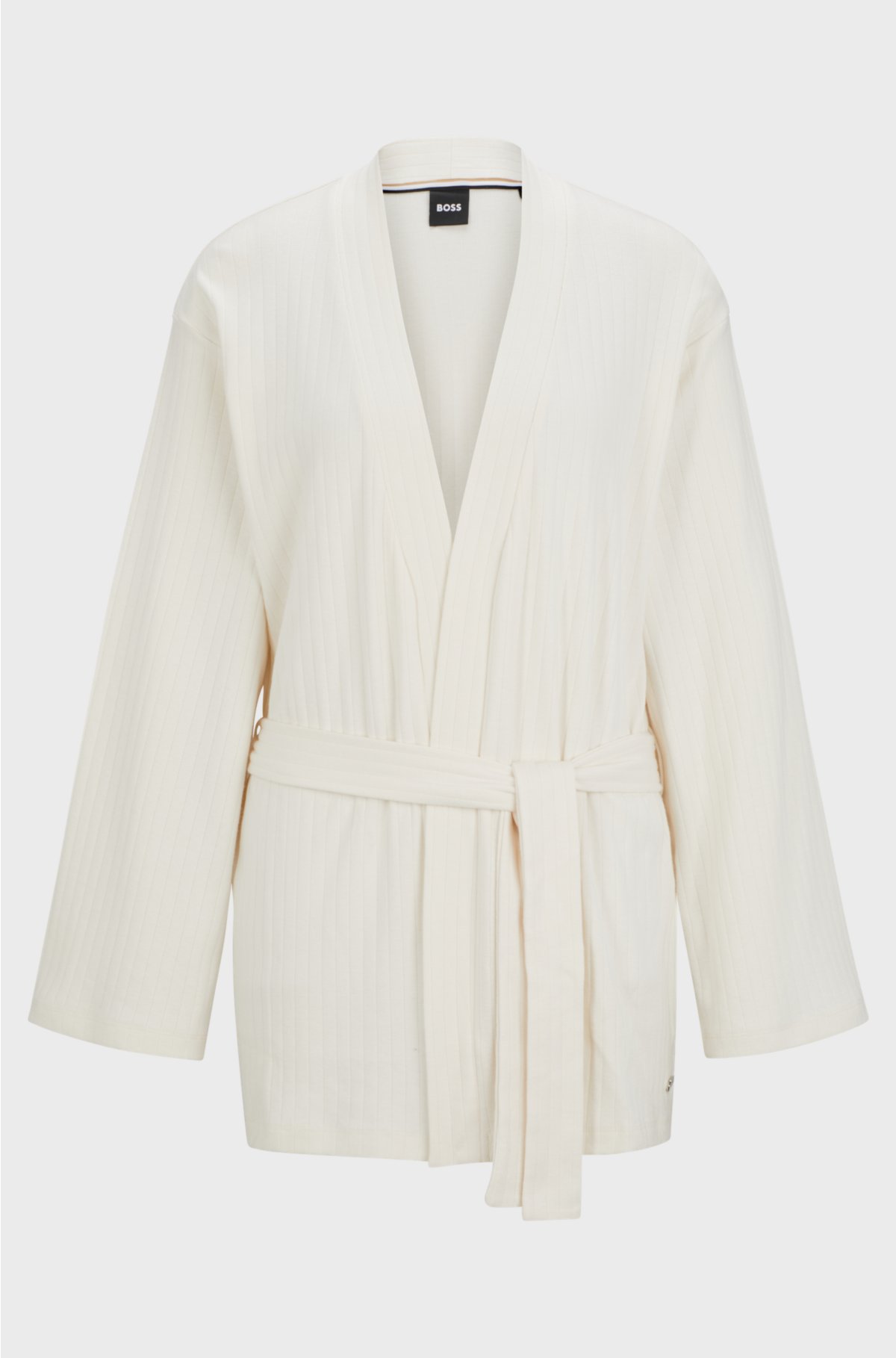 Ribbed-cotton dressing gown with logo plate, White